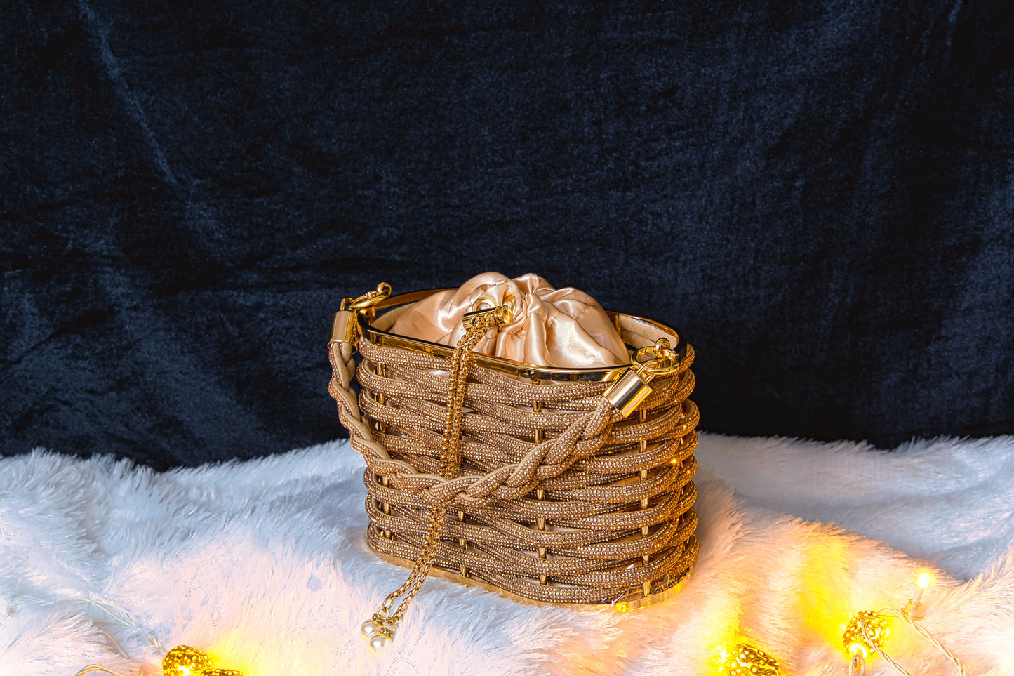 Sparkle Weave Gold Evening Bag | Rhinestone Basket Clutch for Parties