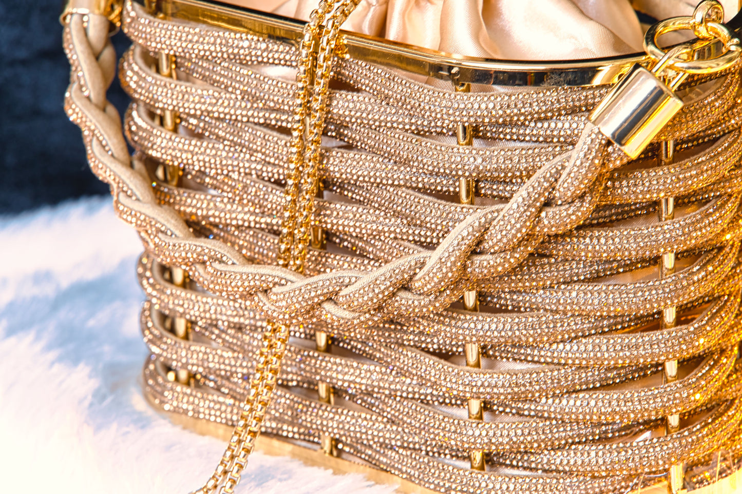 Sparkle Weave Gold Evening Bag | Rhinestone Basket Clutch for Parties