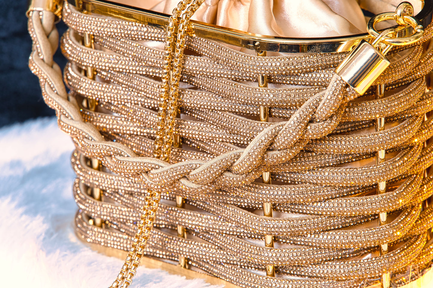 Sparkle Weave Gold Evening Bag | Rhinestone Basket Clutch for Parties